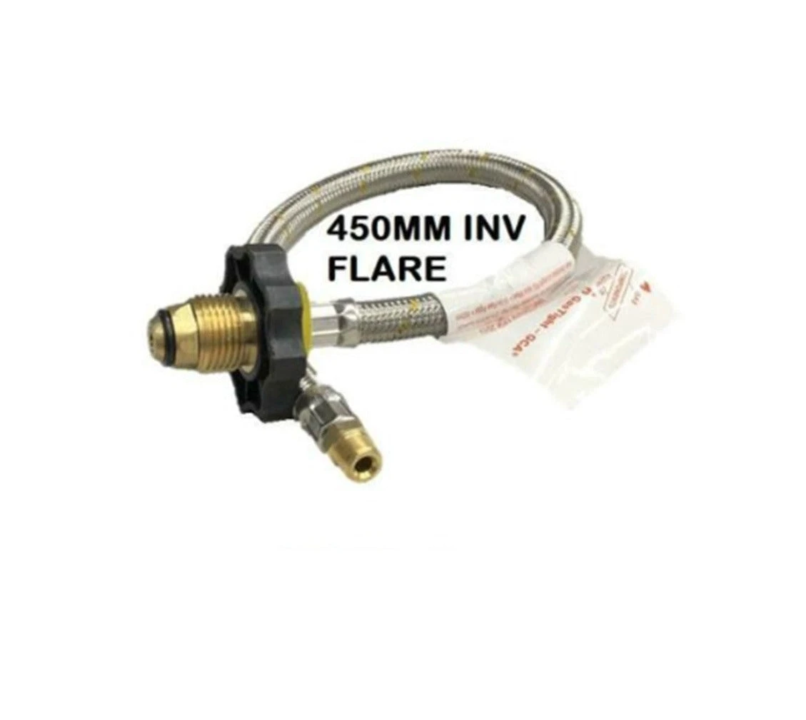 LPG BRAIDED GAS HOSE PIGTAIL CARAVAN HAND WHEEL POL - 1/4 INV FLARE 450MM - 51-HTFP14I450 1 LPG BRAIDED GAS HOSE PIGTAIL CARAVAN HAND WHEEL POL - 1/4 INV FLARE 450MM - 51-HTFP14I450